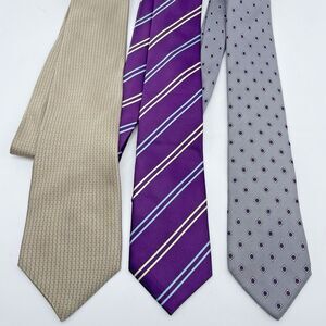 Zylos/ Lucien Piccard Silk Neckties Lot of 3 Striped Geometric Gold Grey Purple